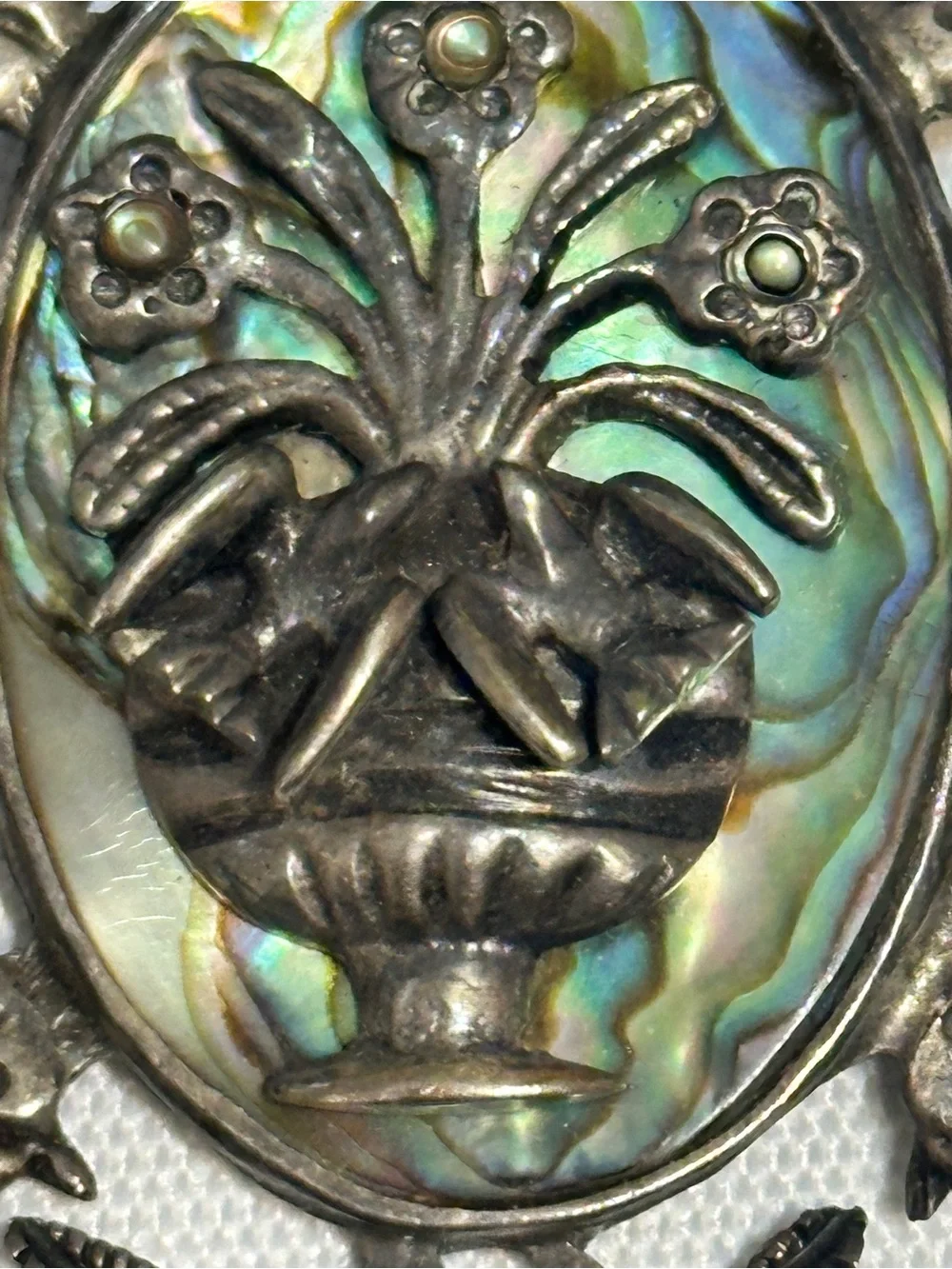 Vintage Mexican sterling silver and abalone shell floral brooch and pendant.